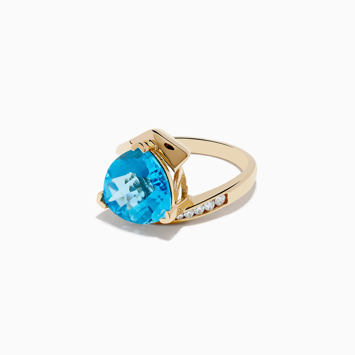 The Ocean Bleu 14K Yellow Gold Diamond, Blue Topaz Ring features a striking pear-shaped blue gemstone at its center, accented by diamonds on a sleek yellow gold band, displayed against a white background.