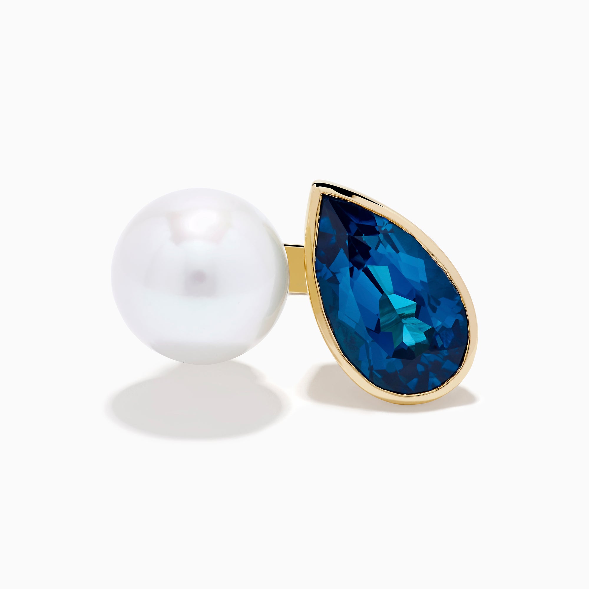 14K Yellow Gold Blue Topaz and Pearl Toi Et Moi Ring