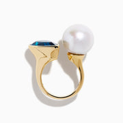 14K Yellow Gold Blue Topaz and Pearl Toi Et Moi Ring