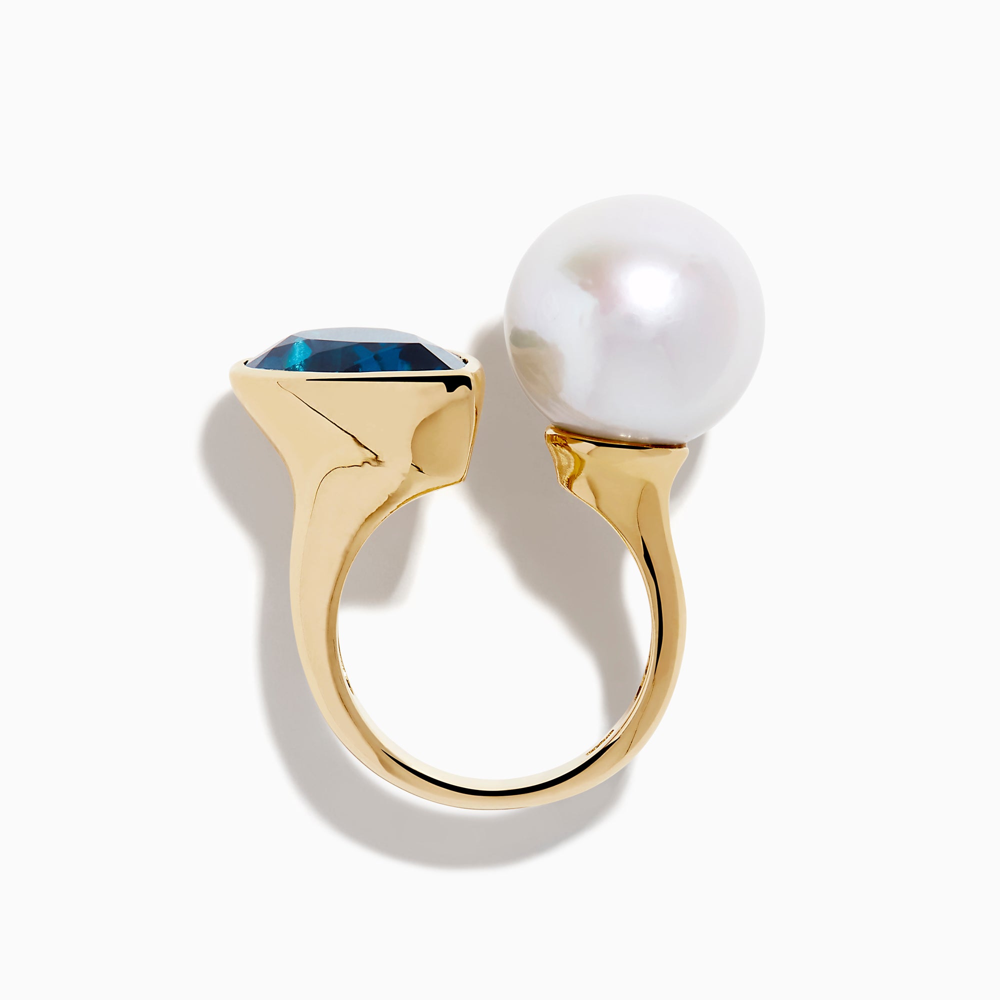 14K Yellow Gold Blue Topaz and Pearl Toi Et Moi Ring