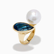 14K Yellow Gold Blue Topaz and Pearl Toi Et Moi Ring
