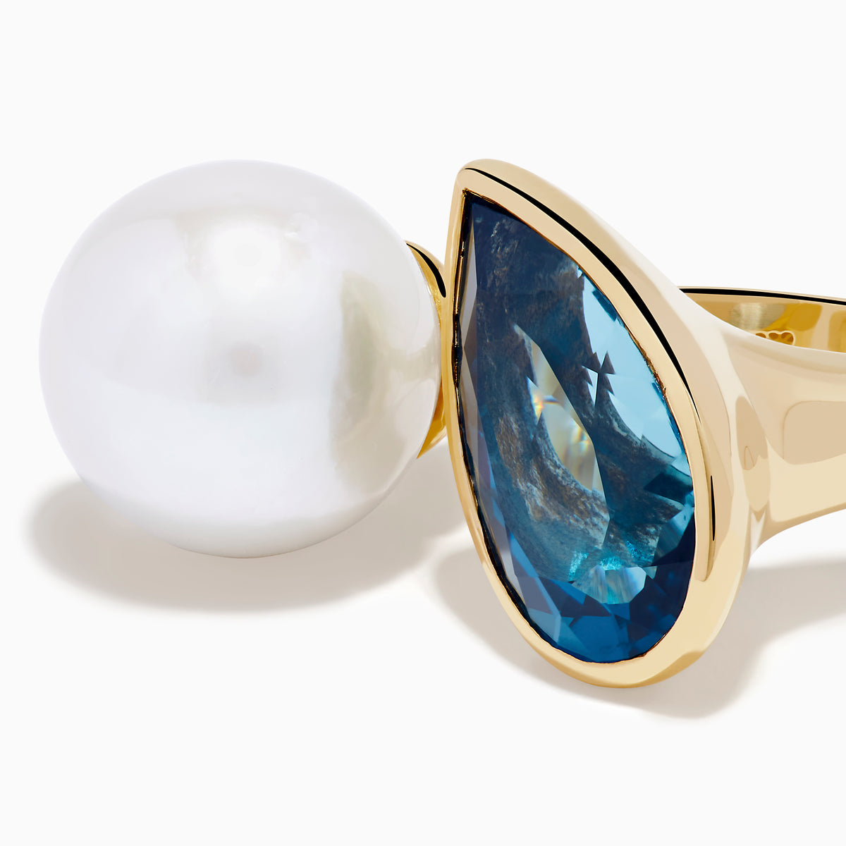 14K Yellow Gold Blue Topaz and Pearl Toi Et Moi Ring