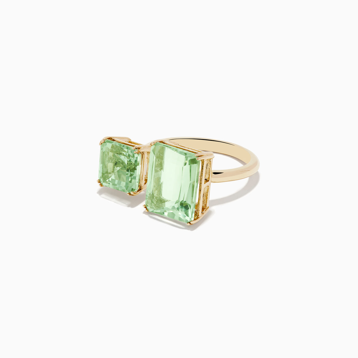 The 14k Yellow Gold Green Amethyst Toi Et Moi Ring features two rectangular green amethysts set side by side in open prong settings for a modern look.
