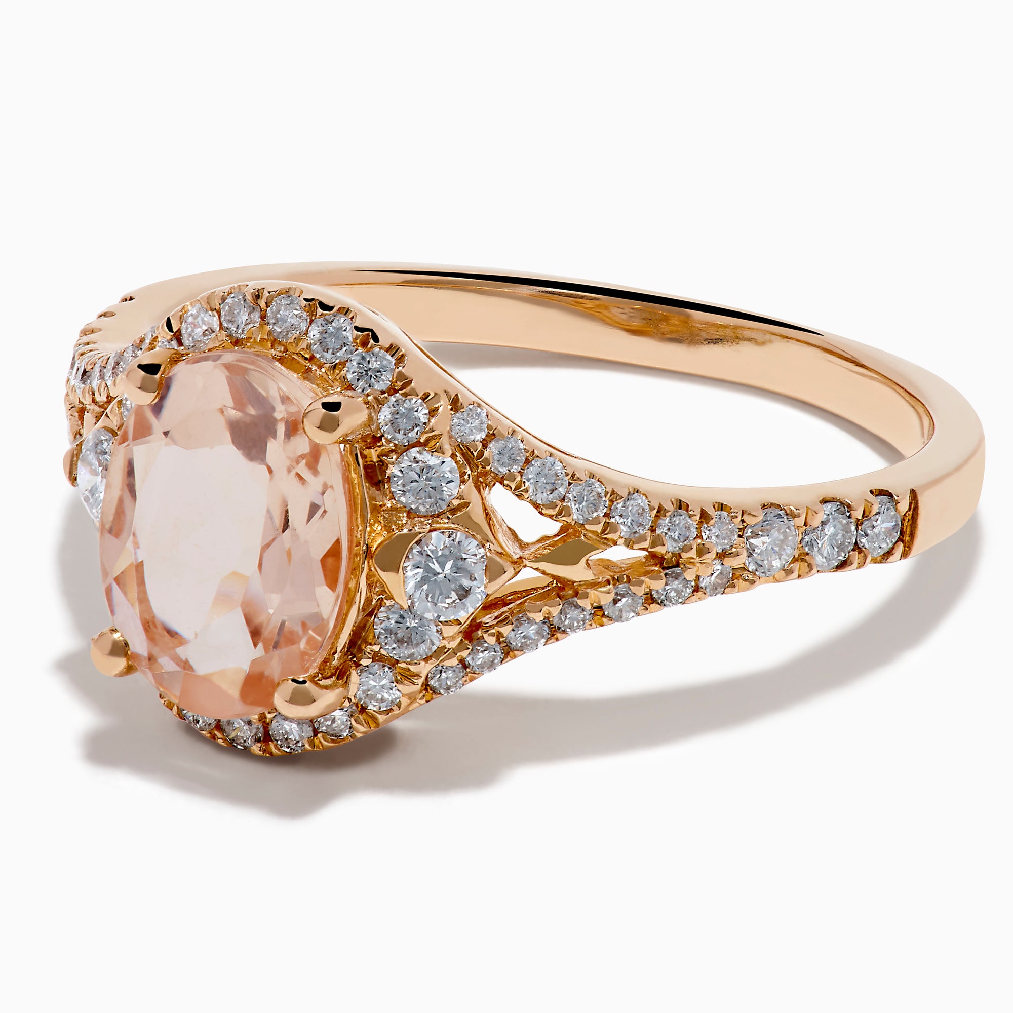 The Rose Gold Morganite and Diamond Split Halo Ring showcases an oval peach-colored Morganite center, encircled by a sparkling diamond split halo with additional diamonds along the band.