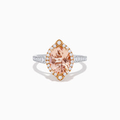 The Blush 14K Two-Tone Gold Morganite and Diamond Ring showcases a marquise-cut peach morganite with a halo of white diamonds set on an elegant gold and silver band for a unique, eye-catching look.