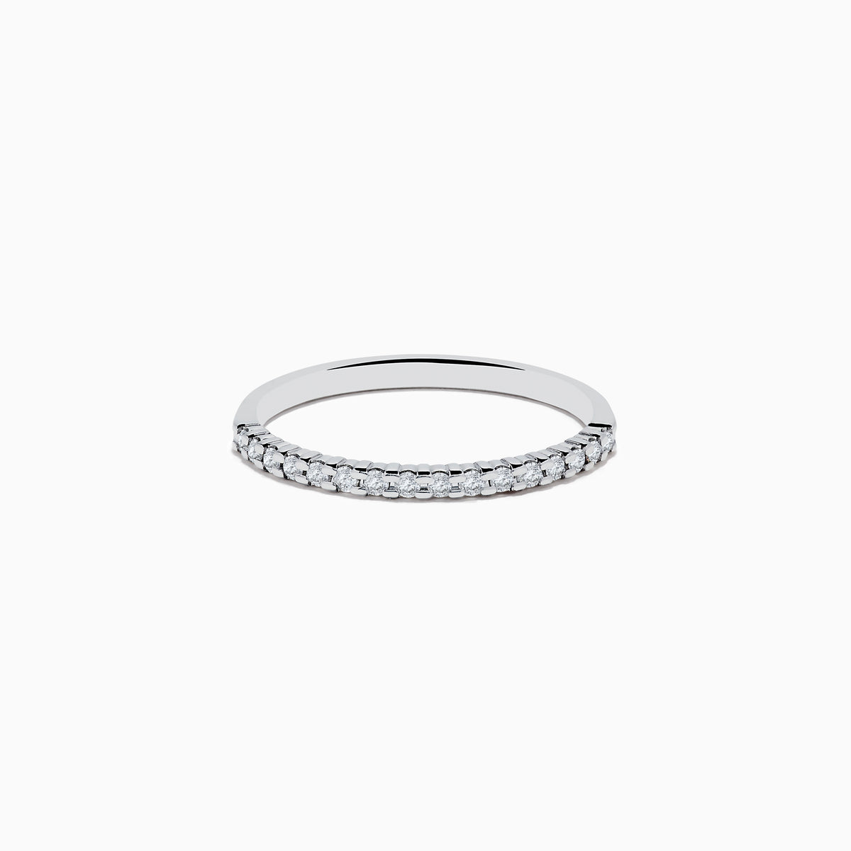Displayed on a plain white background, the 14K White Gold Pave Diamond Band 0.14 TCW features a single row of small, sparkling diamonds set along the top half of its slim band.