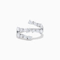 The Lab Grown Multi Shaped Diamond 1.23ct Wrap Ring in 14K White Gold features pear and round lab grown diamonds in a leaf-inspired, open front design, shown against a white background.