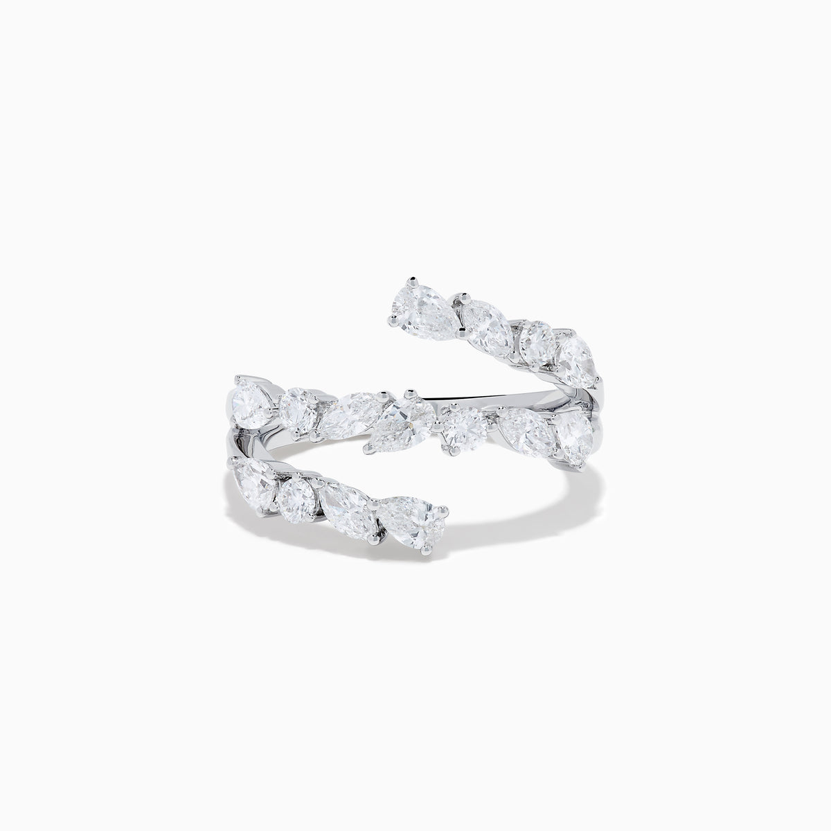 The Lab Grown Multi Shaped Diamond 1.23ct Wrap Ring in 14K White Gold features pear and round lab grown diamonds in a leaf-inspired, open front design, shown against a white background.