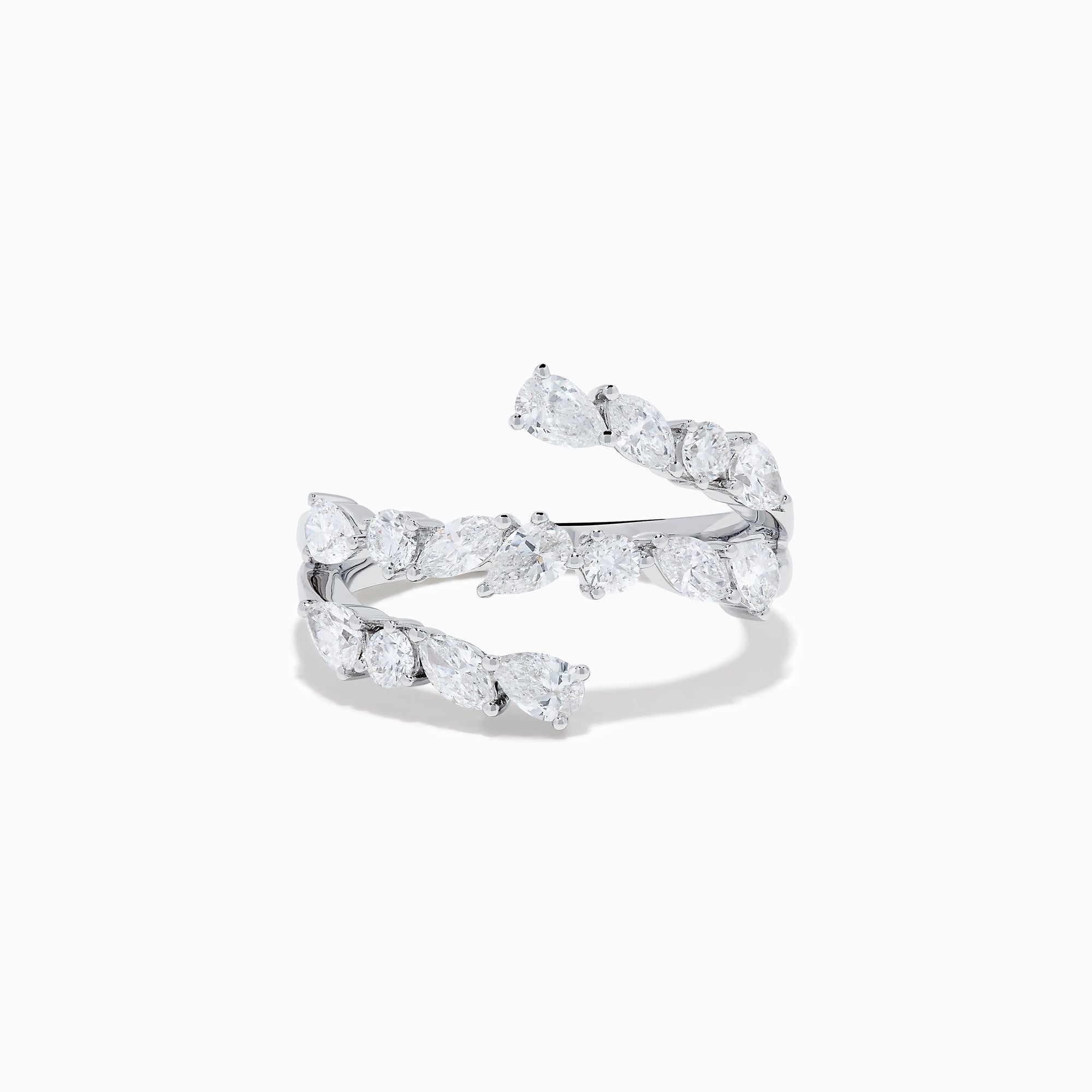 The Lab Grown Multi Shaped Diamond 1.23ct Wrap Ring in 14K White Gold features pear and round lab grown diamonds in a leaf-inspired, open front design, shown against a white background.