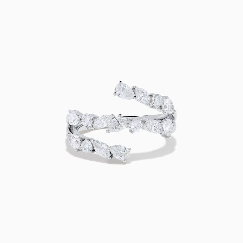 The Lab Grown Multi Shaped Diamond 1.23ct Wrap Ring in 14K White Gold features pear and round lab grown diamonds in a leaf-inspired, open front design, shown against a white background.