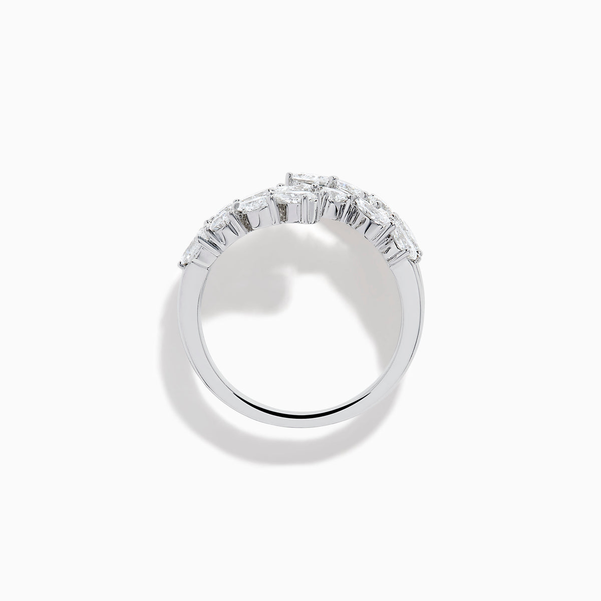 The Lab Grown Multi Shaped Diamond 1.23ct Wrap Ring in 14K White Gold features pear and round lab grown diamonds in a leaf-inspired, open front design, shown against a white background.