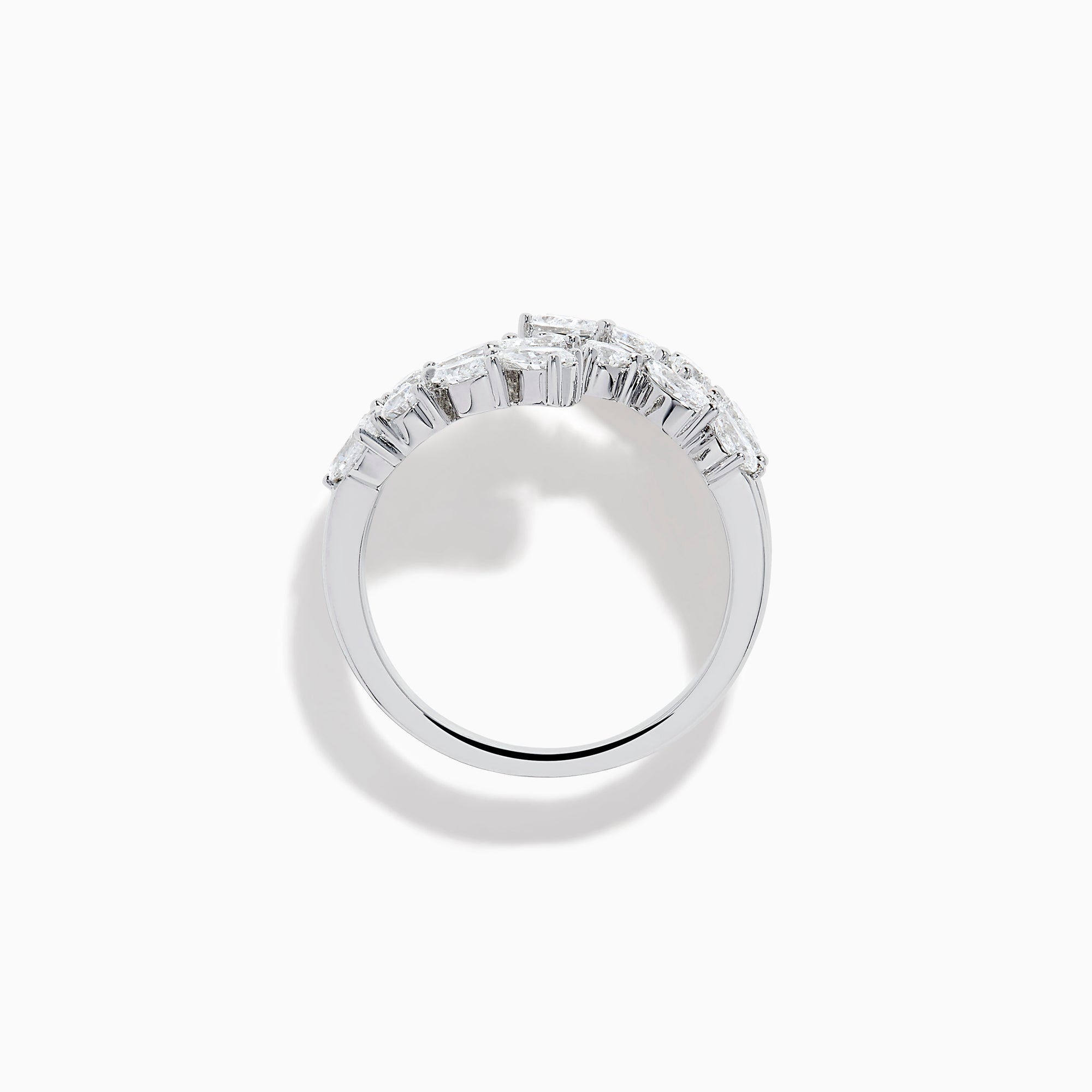 The Lab Grown Multi Shaped Diamond 1.23ct Wrap Ring in 14K White Gold features pear and round lab grown diamonds in a leaf-inspired, open front design, shown against a white background.