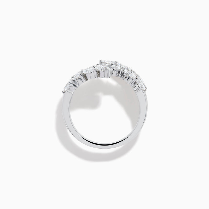 The Lab Grown Multi Shaped Diamond 1.23ct Wrap Ring in 14K White Gold features pear and round lab grown diamonds in a leaf-inspired, open front design, shown against a white background.