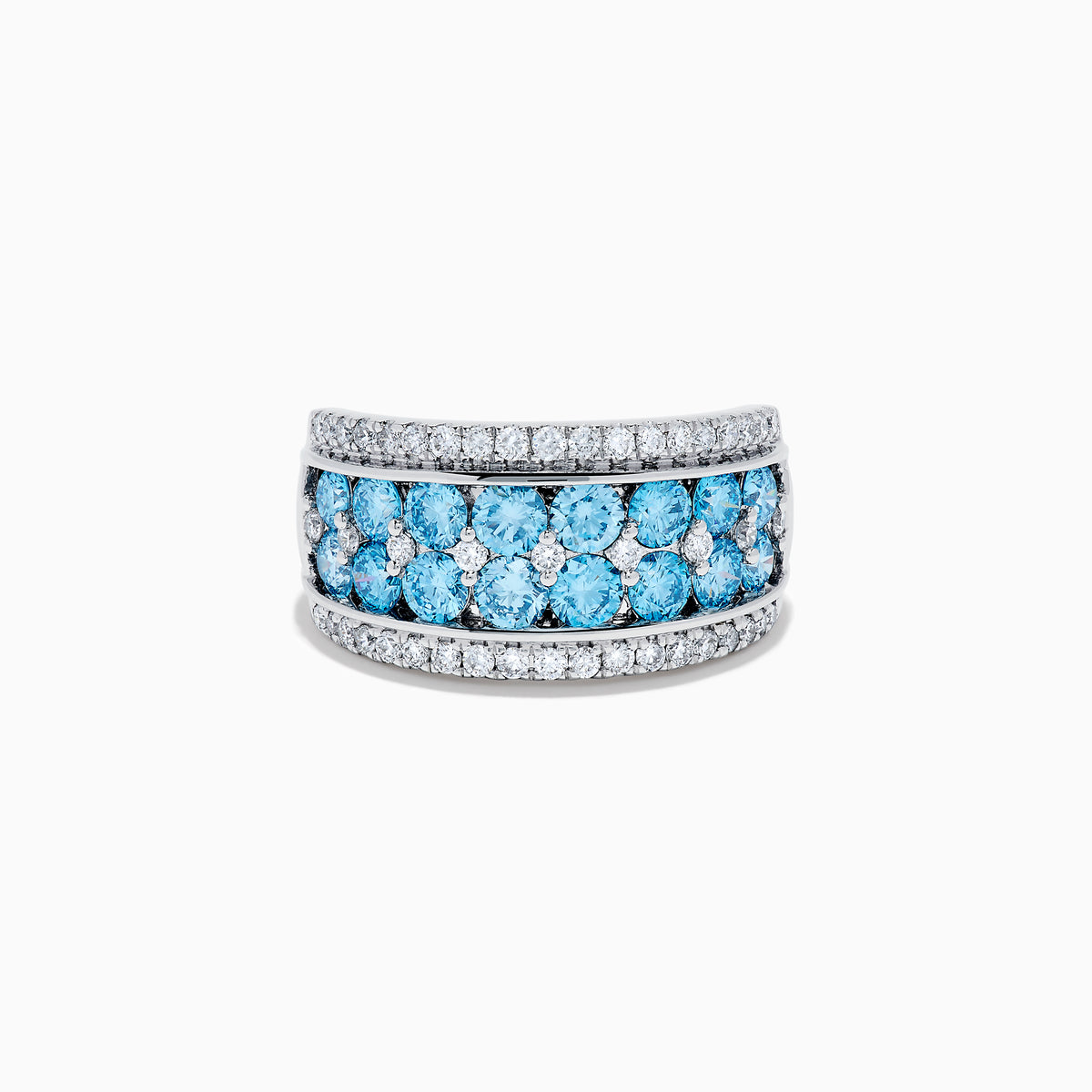 The Lab Grown Blue and White Diamond Statement Ring in 14K White Gold showcases rows of vivid blue gems bordered by sparkling lab grown diamonds for an elegant, standout look.