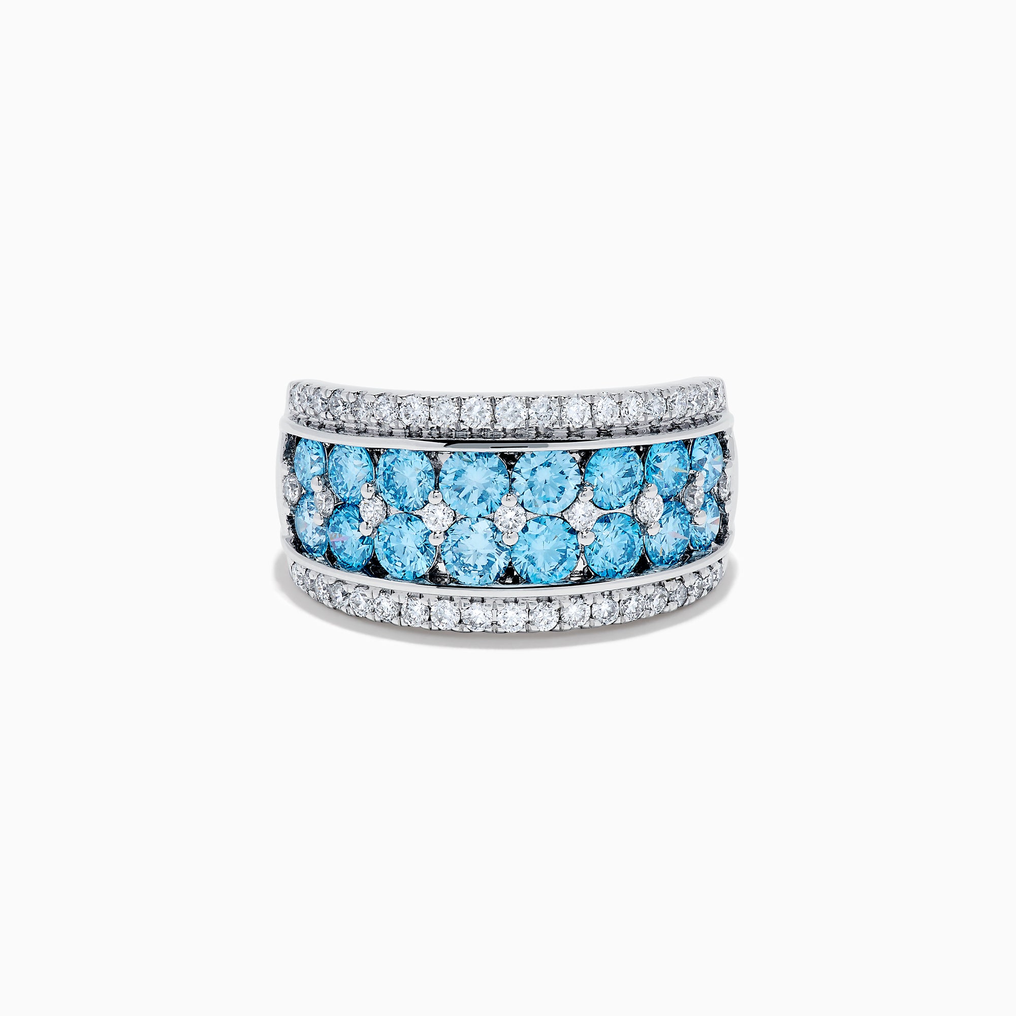 The Lab Grown Blue and White Diamond Statement Ring in 14K White Gold showcases rows of vivid blue gems bordered by sparkling lab grown diamonds for an elegant, standout look.