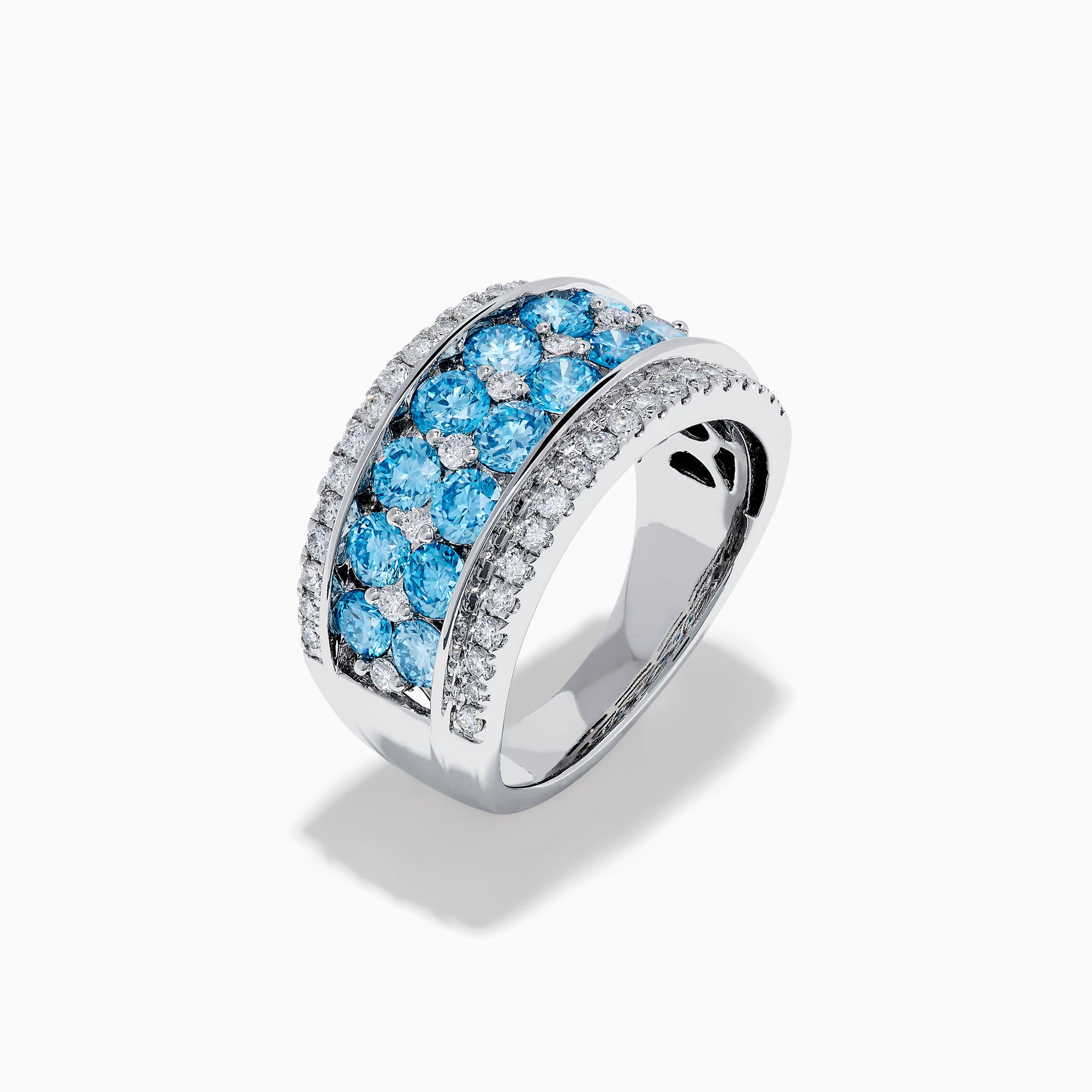 The Lab Grown Blue and White Diamond Statement Ring in 14K White Gold showcases rows of vivid blue gems bordered by sparkling lab grown diamonds for an elegant, standout look.