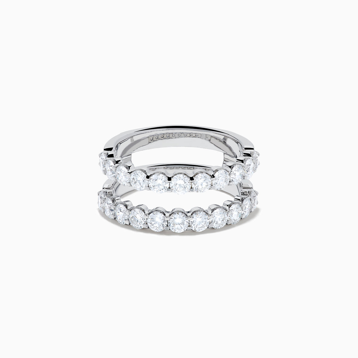 Two Lab Grown Round Diamond Jacket Band Rings in 14K white gold, featuring rows of sparkling lab-grown diamonds along the bands, are stacked together on a plain white background.