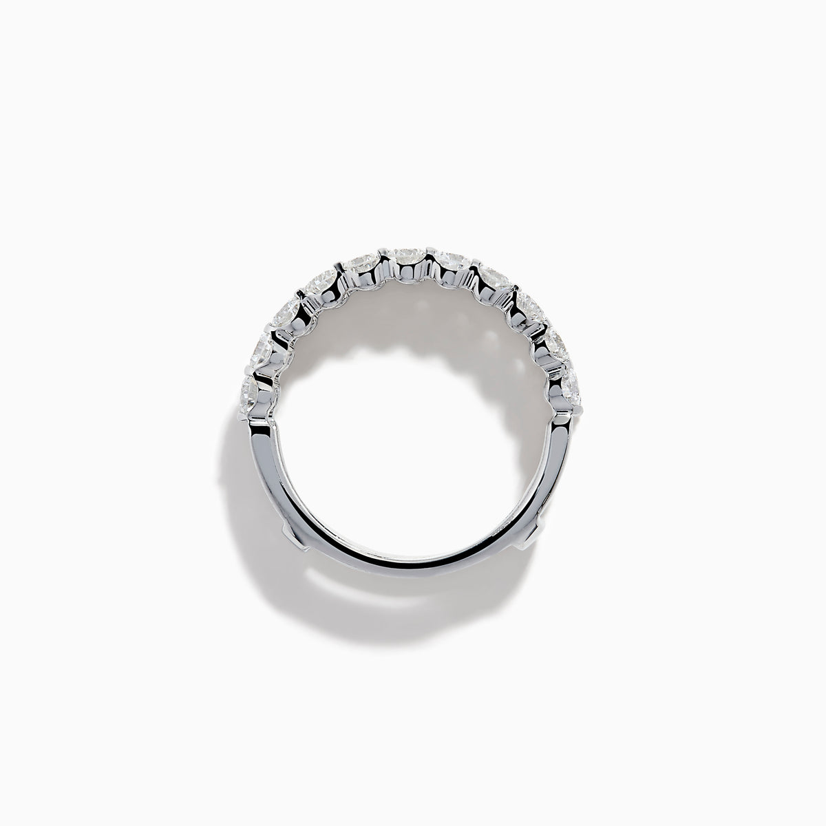 Two Lab Grown Round Diamond Jacket Band Rings in 14K white gold, featuring rows of sparkling lab-grown diamonds along the bands, are stacked together on a plain white background.