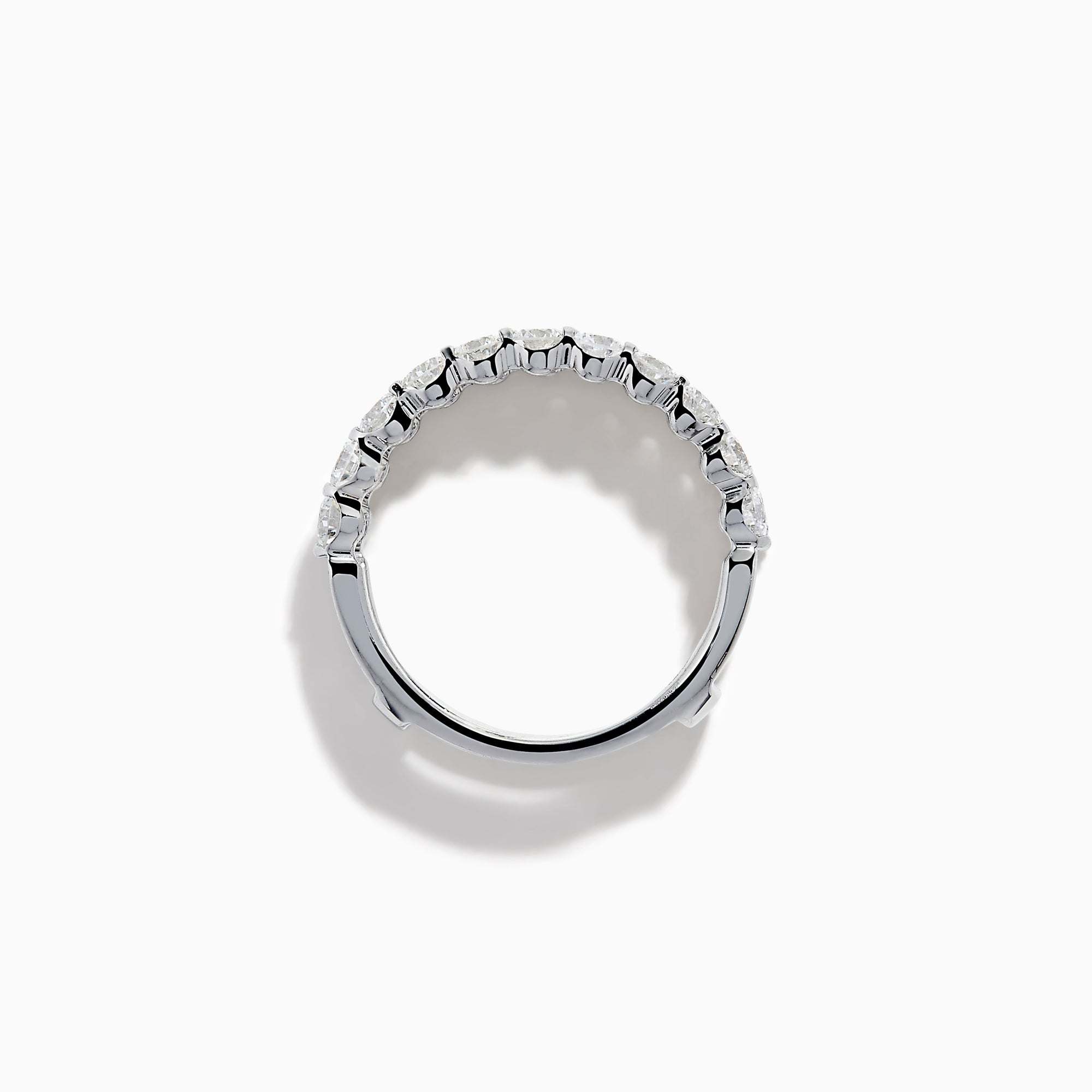 Two Lab Grown Round Diamond Jacket Band Rings in 14K white gold, featuring rows of sparkling lab-grown diamonds along the bands, are stacked together on a plain white background.
