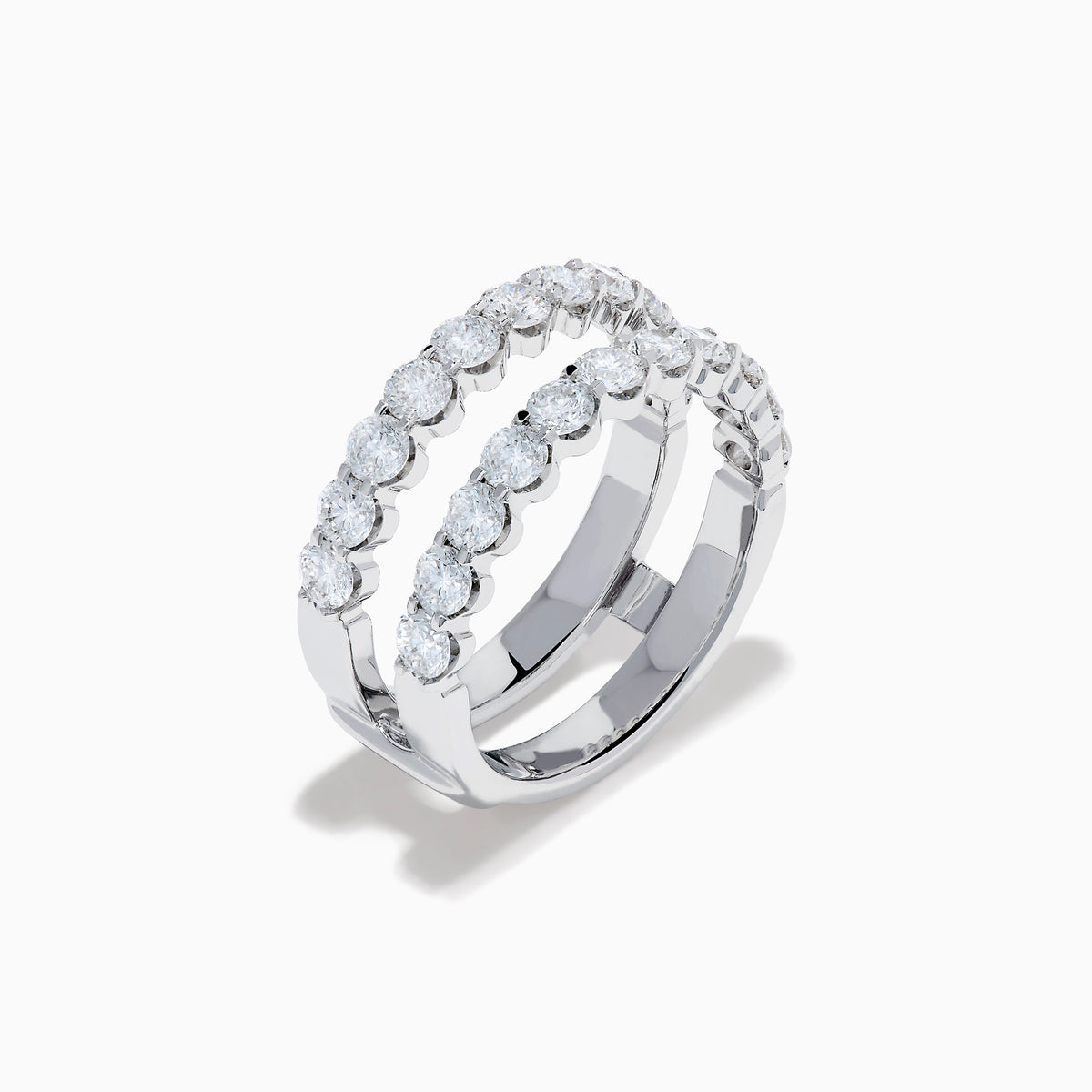 Two Lab Grown Round Diamond Jacket Band Rings in 14K white gold, featuring rows of sparkling lab-grown diamonds along the bands, are stacked together on a plain white background.