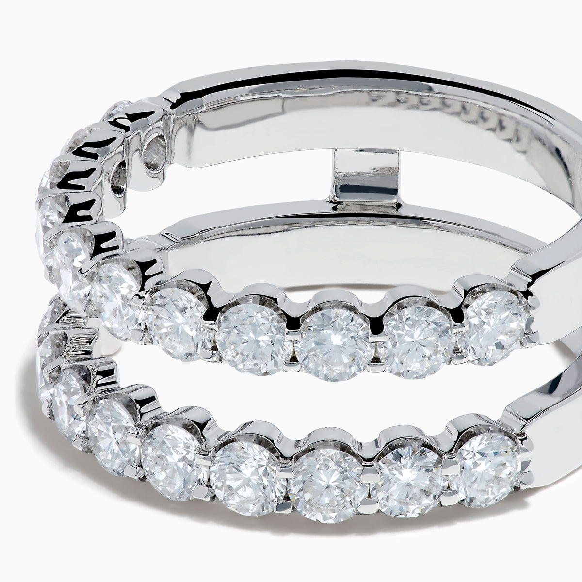 Two Lab Grown Round Diamond Jacket Band Rings in 14K white gold, featuring rows of sparkling lab-grown diamonds along the bands, are stacked together on a plain white background.