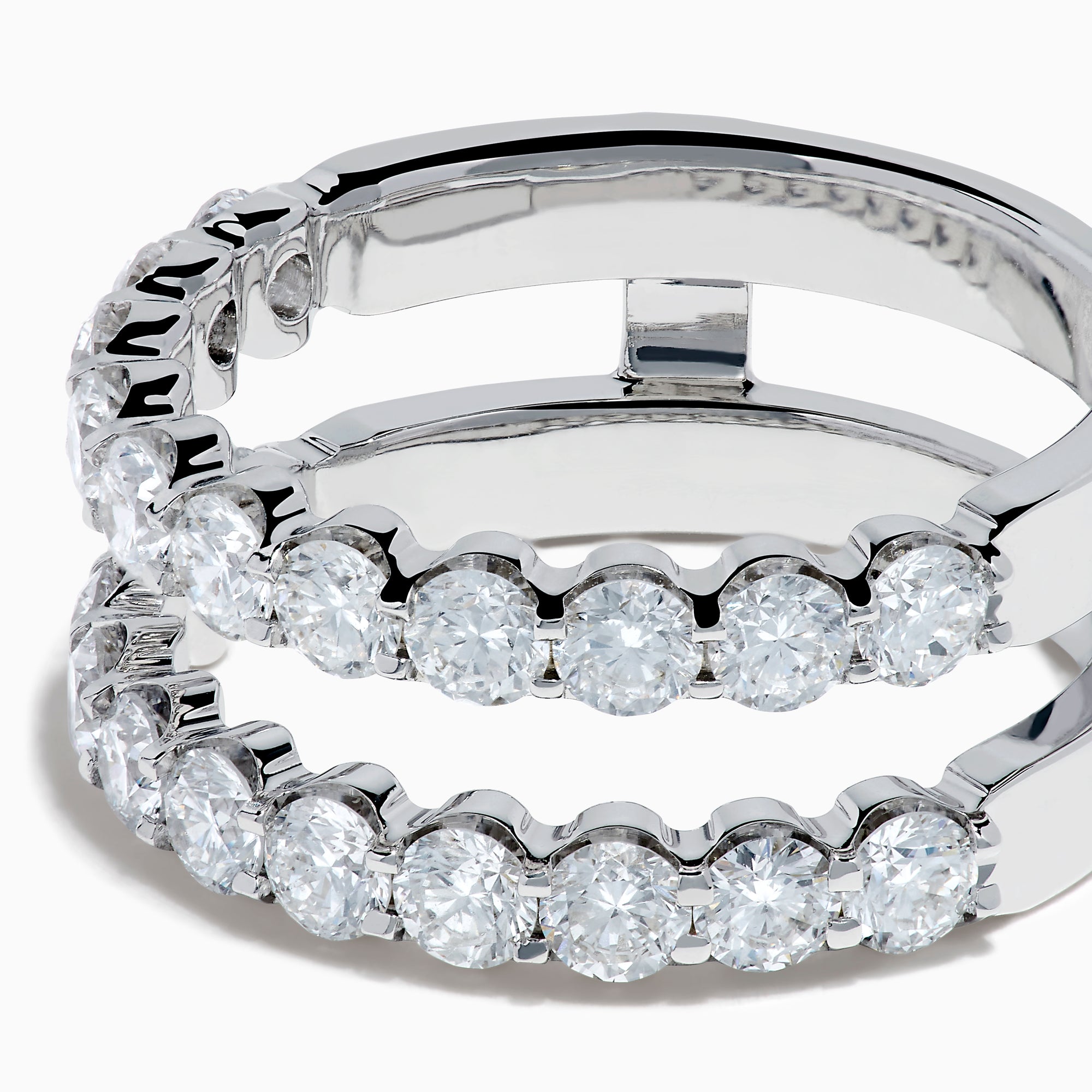 Two Lab Grown Round Diamond Jacket Band Rings in 14K white gold, featuring rows of sparkling lab-grown diamonds along the bands, are stacked together on a plain white background.