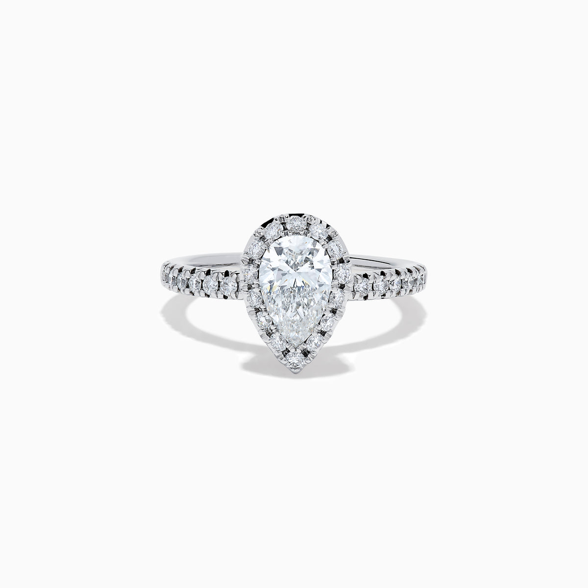 The Lab Grown Pear Diamond Halo and Hidden Halo Ring in 14K White Gold features a lab-grown pear center, a surrounding halo and hidden halo of diamonds on a white gold band, shown against a plain white background.