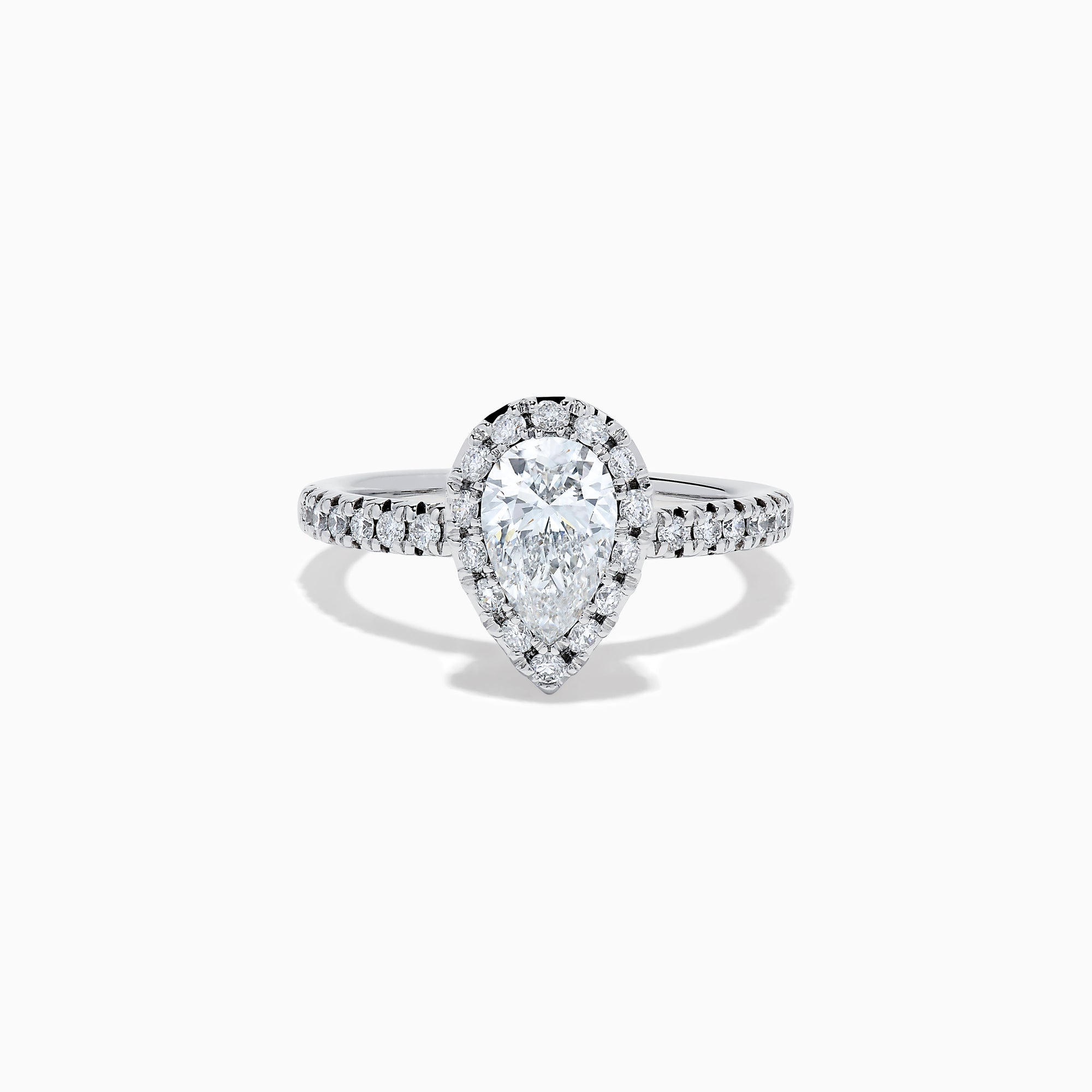 The Lab Grown Pear Diamond Halo and Hidden Halo Ring in 14K White Gold features a lab-grown pear center, a surrounding halo and hidden halo of diamonds on a white gold band, shown against a plain white background.