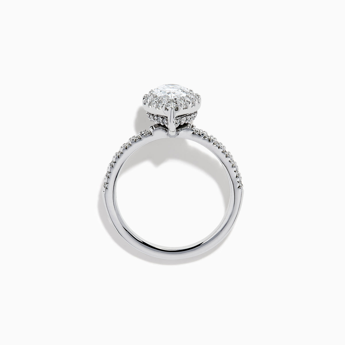 The Lab Grown Pear Diamond Halo and Hidden Halo Ring in 14K White Gold features a lab-grown pear center, a surrounding halo and hidden halo of diamonds on a white gold band, shown against a plain white background.