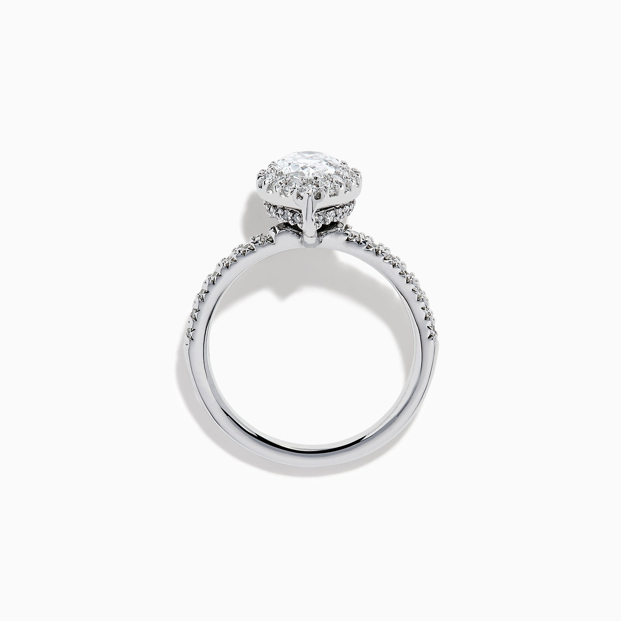 The Lab Grown Pear Diamond Halo and Hidden Halo Ring in 14K White Gold features a lab-grown pear center, a surrounding halo and hidden halo of diamonds on a white gold band, shown against a plain white background.