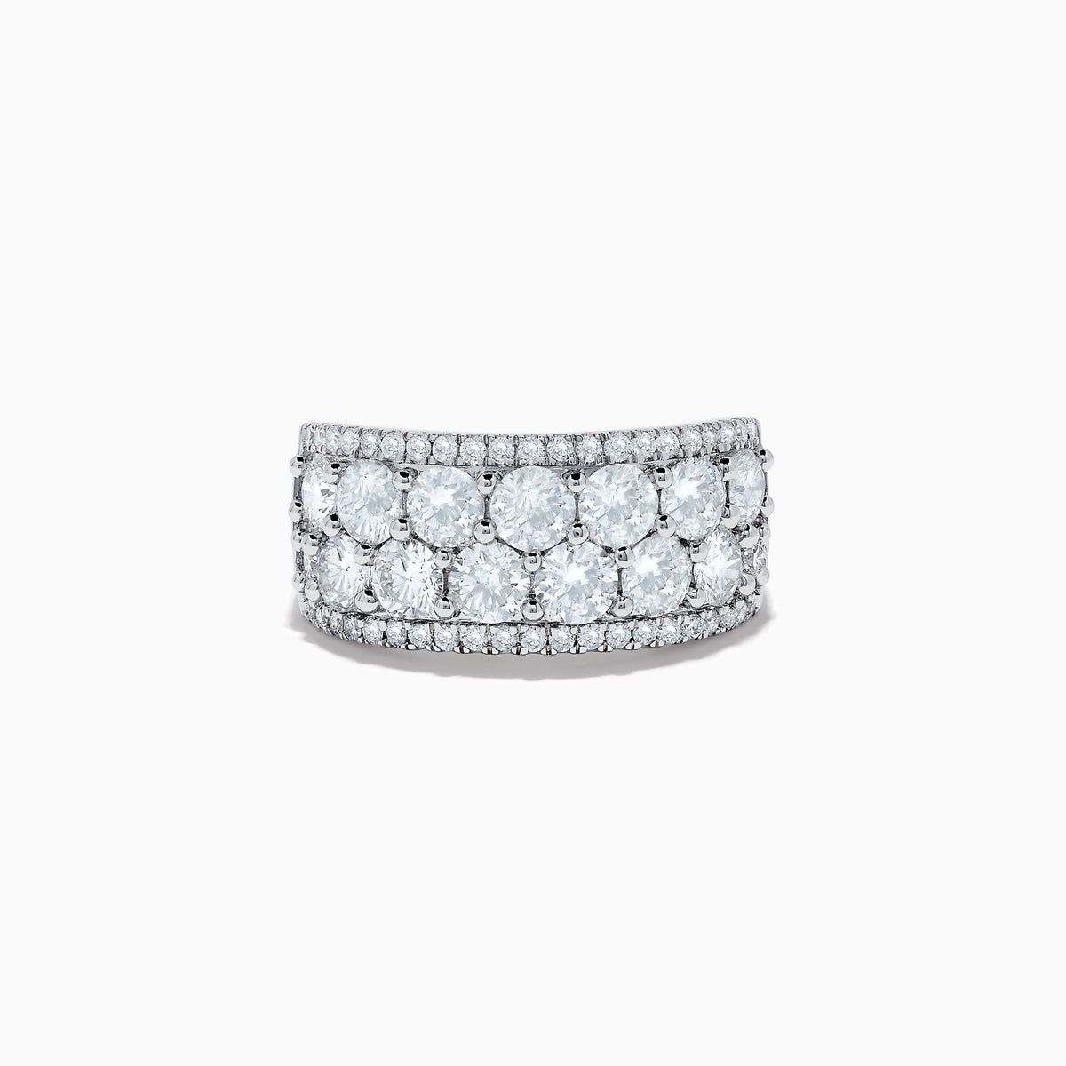 The 14K White Gold Lab Grown Diamond Ring features three rows of large round diamonds bordered by smaller ones, set in white gold—an exquisite design from the Effy Reverie collection.