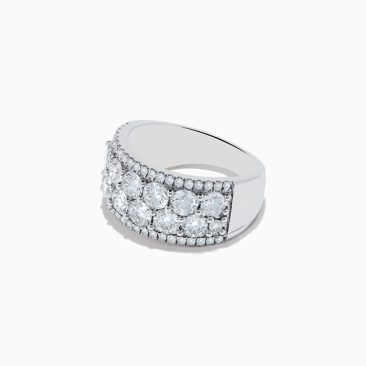 The 14K White Gold Lab Grown Diamond Ring features three rows of large round diamonds bordered by smaller ones, set in white gold—an exquisite design from the Effy Reverie collection.