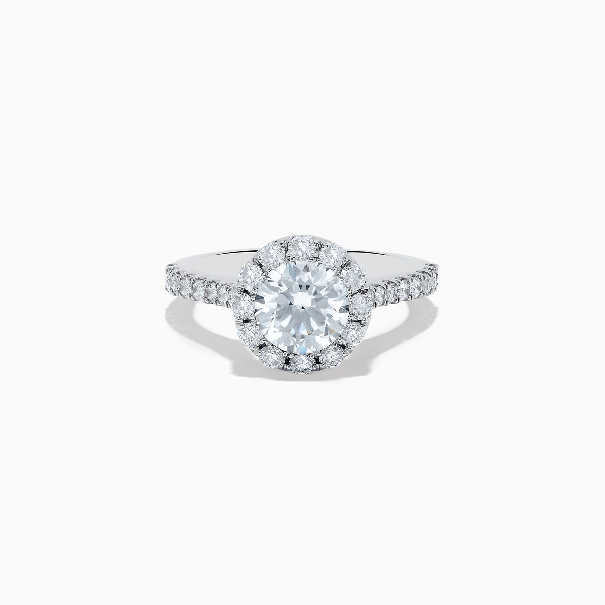 The 14K White Gold Lab Grown Diamond Ring and Band Set features a large round lab grown diamond, surrounded by smaller diamonds on a split shank band encrusted with more diamonds, all shown against a white background.