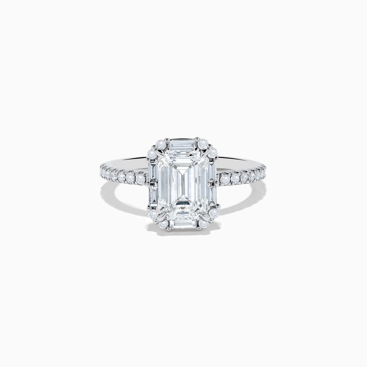 The 14K White Gold Lab Grown Diamond Ring and Band Set features a striking emerald-cut center diamond with round diamonds along the split shank band, shown on a plain white background.