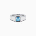 The Men's Lab Grown Blue Diamond Ring in 14K White Gold features a square blue diamond centerpiece, showcased on a clean white background.