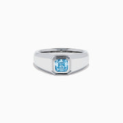 The Men's Lab Grown Blue Diamond Ring in 14K White Gold features a square blue diamond centerpiece, showcased on a clean white background.