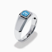 The Men's Lab Grown Blue Diamond Ring in 14K White Gold features a square blue diamond centerpiece, showcased on a clean white background.