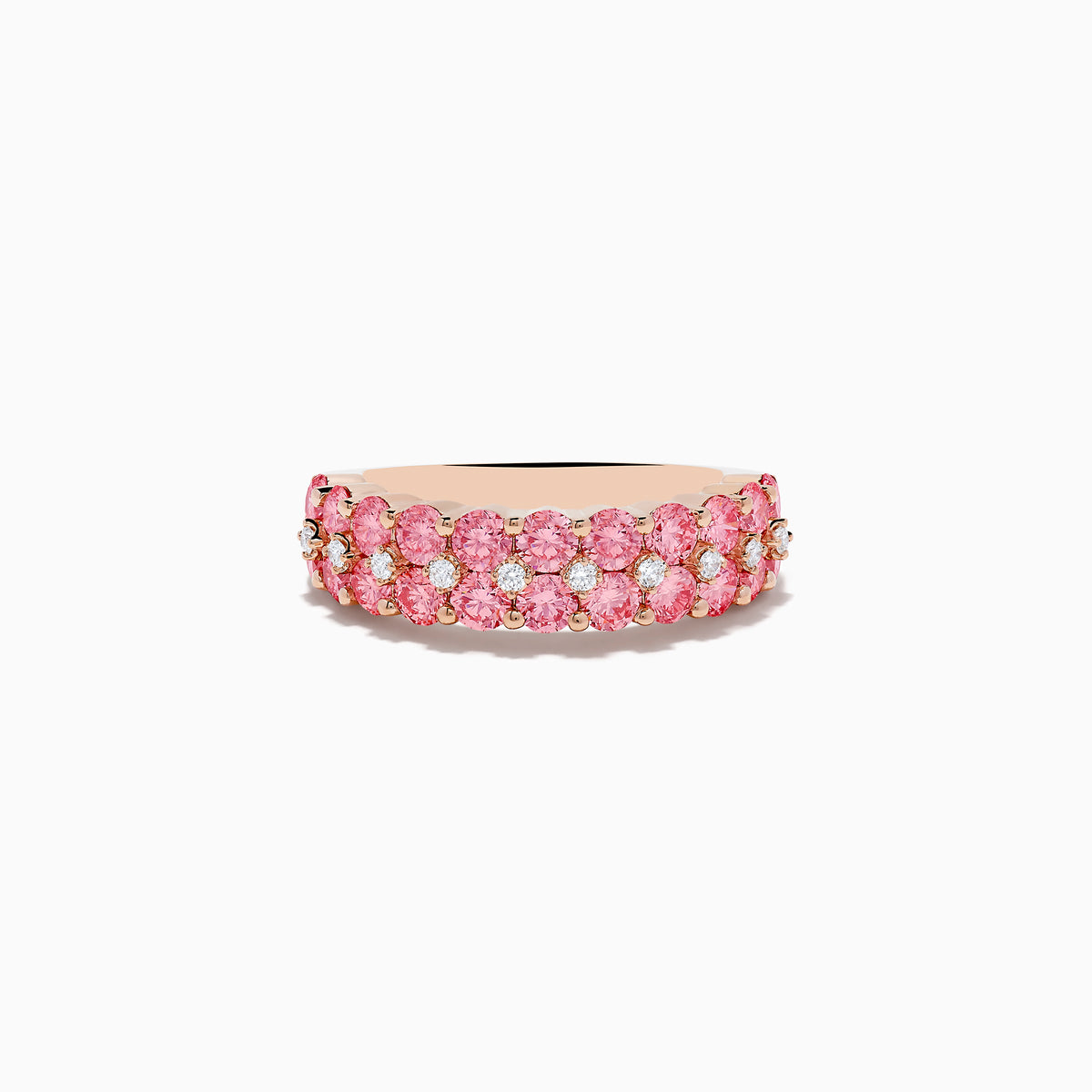 The 14K Gold Lab Grown Pink and White Diamond Ring showcases two rows of round pink and white diamonds set closely together, displayed against a white background.