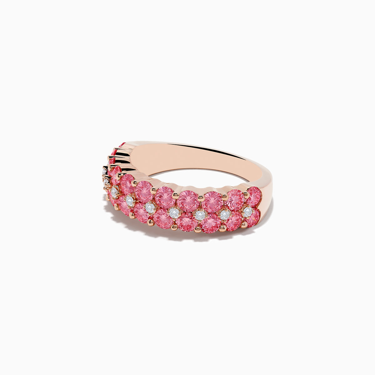 The 14K Gold Lab Grown Pink and White Diamond Ring showcases two rows of round pink and white diamonds set closely together, displayed against a white background.