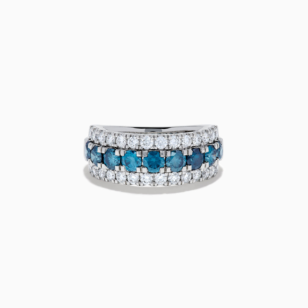 The Lab Grown Blue and White Diamond Wide Band Ring in 14K White Gold showcases a central row of blue stones flanked by lab grown diamonds in a striking triple-band design.