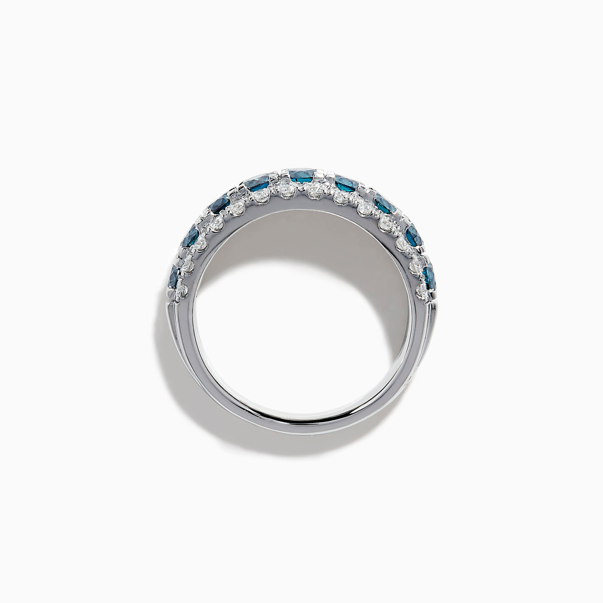 The Lab Grown Blue and White Diamond Wide Band Ring in 14K White Gold showcases a central row of blue stones flanked by lab grown diamonds in a striking triple-band design.