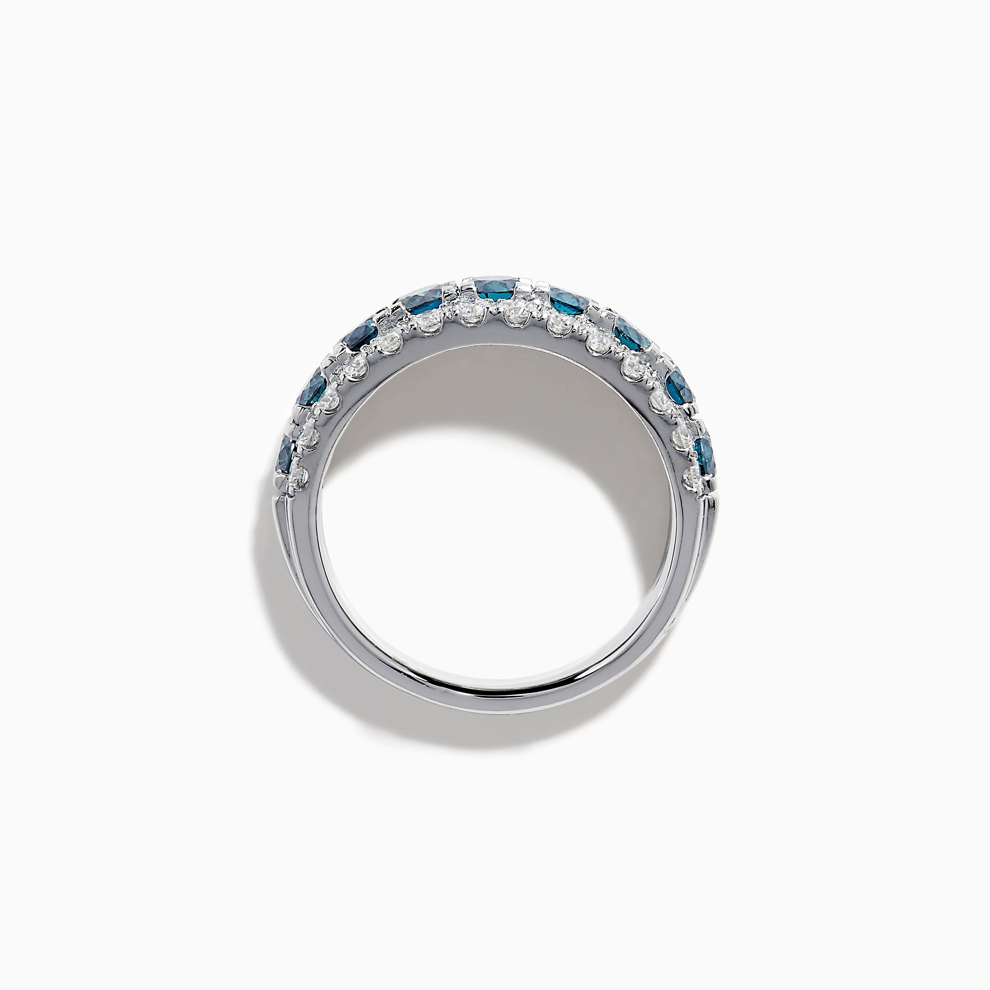 The Lab Grown Blue and White Diamond Wide Band Ring in 14K White Gold showcases a central row of blue stones flanked by lab grown diamonds in a striking triple-band design.