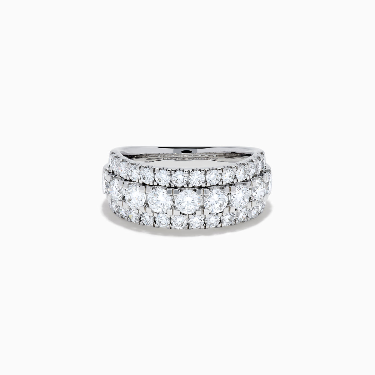 The Lab Grown Round Diamond Wide Band in 14K White Gold features three rows of round-cut diamonds, with a slightly larger center row, displayed on a plain white background.