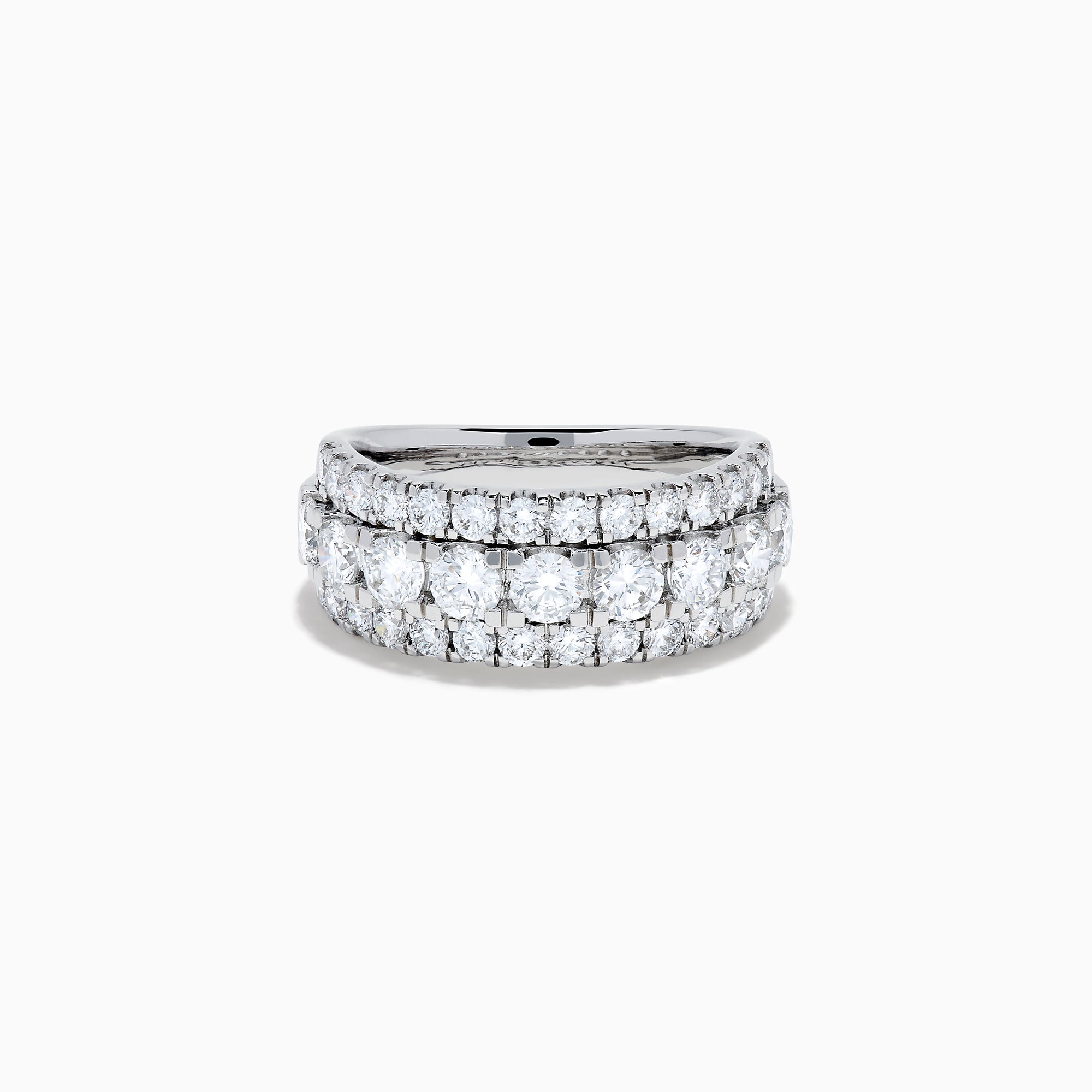 The Lab Grown Round Diamond Wide Band in 14K White Gold features three rows of round-cut diamonds, with a slightly larger center row, displayed on a plain white background.