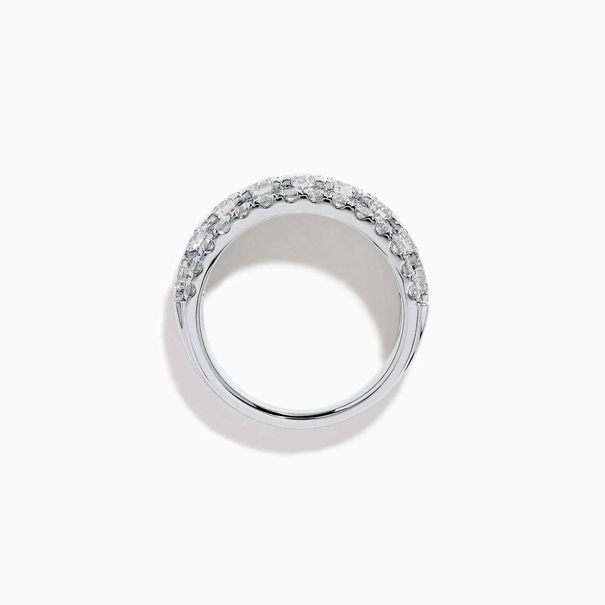 The Lab Grown Round Diamond Wide Band in 14K White Gold features three rows of round-cut diamonds, with a slightly larger center row, displayed on a plain white background.