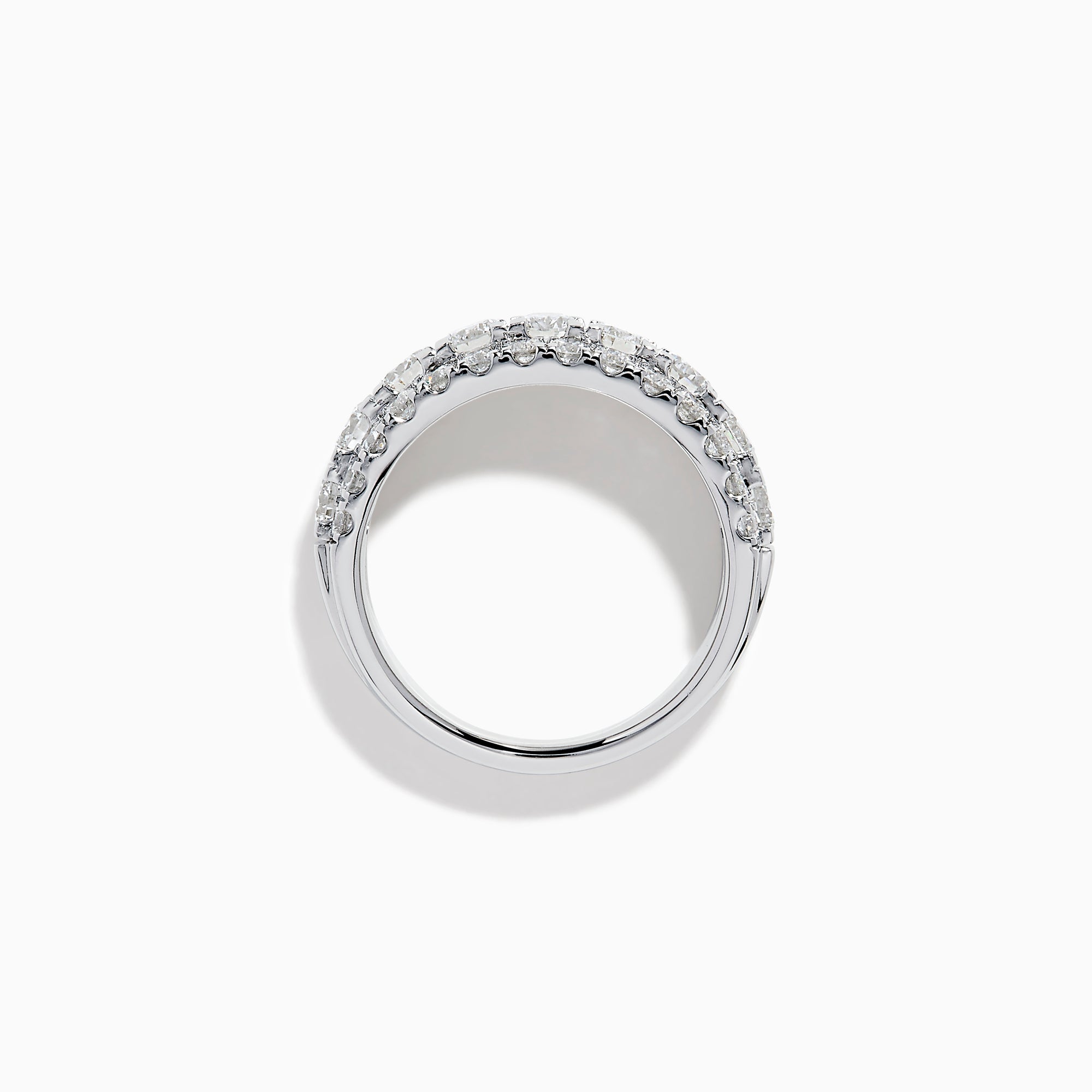 The Lab Grown Round Diamond Wide Band in 14K White Gold features three rows of round-cut diamonds, with a slightly larger center row, displayed on a plain white background.