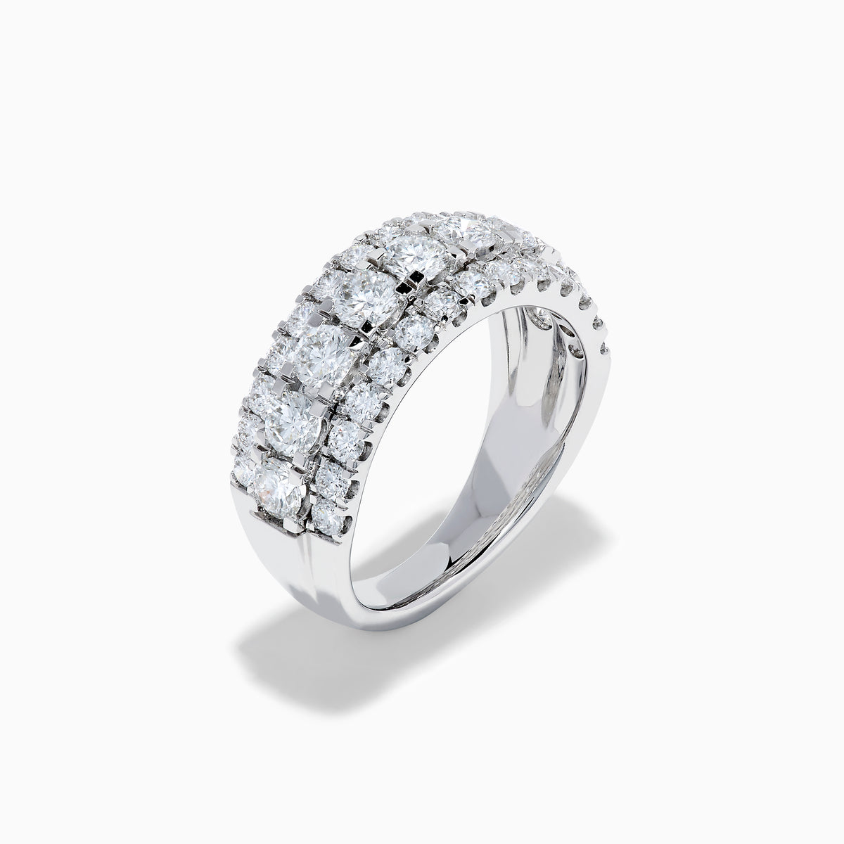 The Lab Grown Round Diamond Wide Band in 14K White Gold features three rows of round-cut diamonds, with a slightly larger center row, displayed on a plain white background.