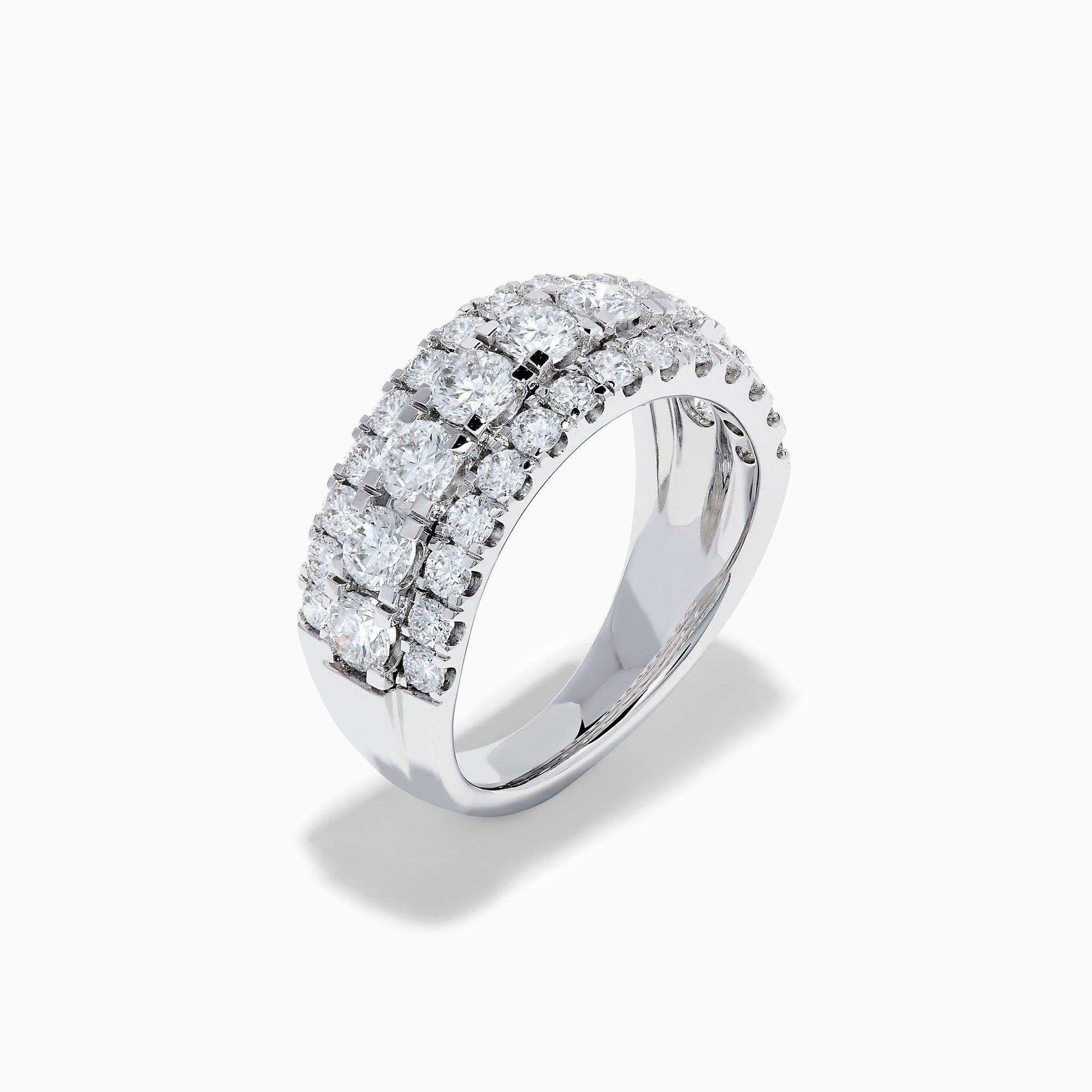The Lab Grown Round Diamond Wide Band in 14K White Gold features three rows of round-cut diamonds, with a slightly larger center row, displayed on a plain white background.