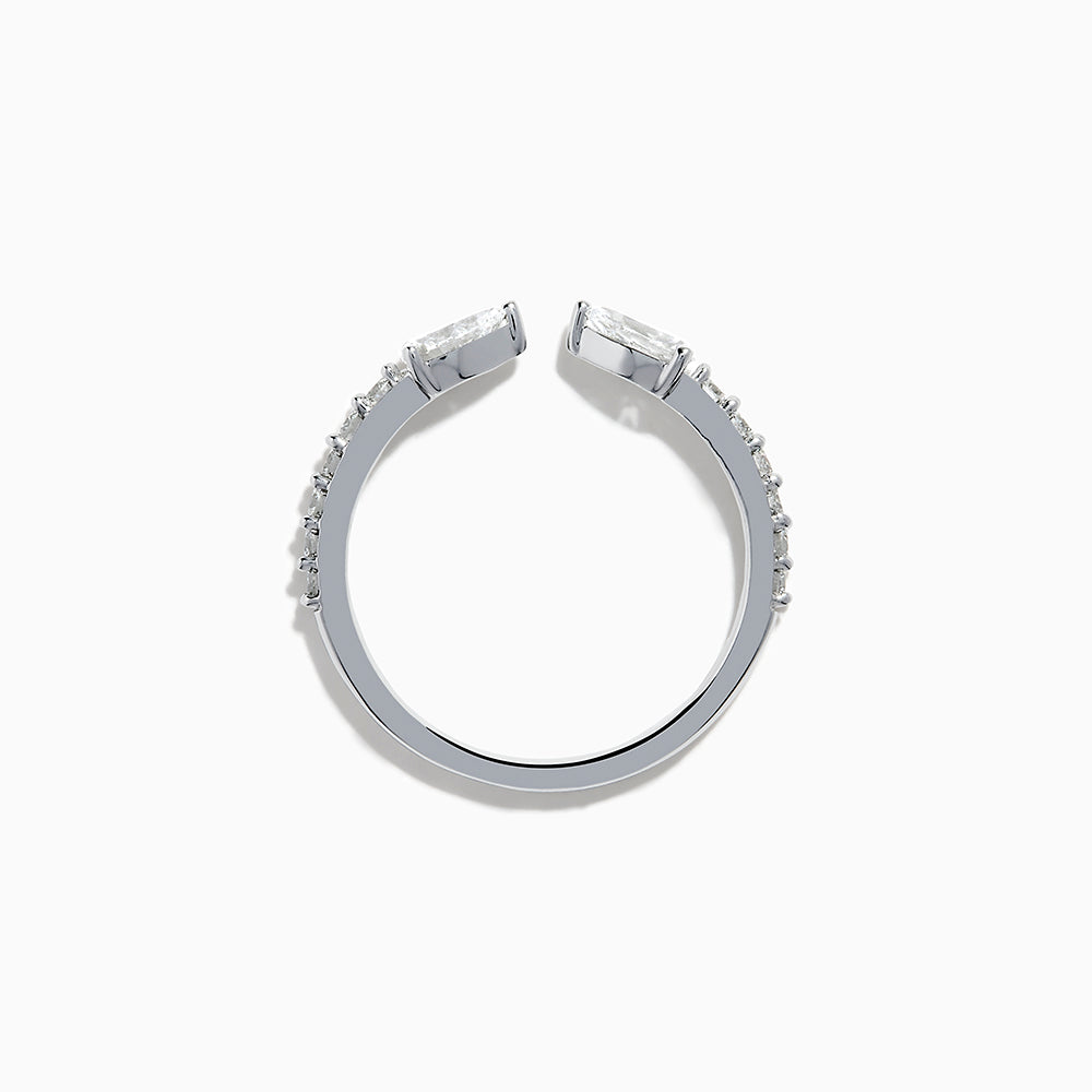 The Lab Grown Diamond Open Shank Pear Band in 14K white gold features two pear-shaped diamonds at each end and small round stones along the band.