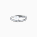 The Lab Grown Diamond Wrap around Pear Ring in 14K White Gold showcases a pear-shaped central diamond and a split shank adorned with lab diamonds, elegantly displayed on a plain white background.